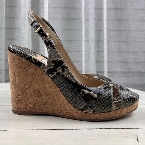 315suig Jimmy Choo AMELY Snake-Print Slingback Wedge Sandals